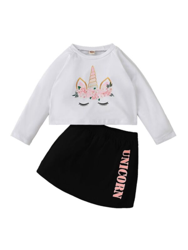 Two Pieces Unicorn Print Girls Sets Top And Skirt 210719284
