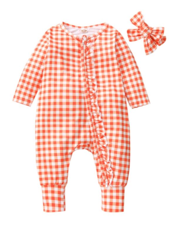 Checked Ruffle Trim Baby jumpsuit Wholesale Baby Clothing And Headband 210720935