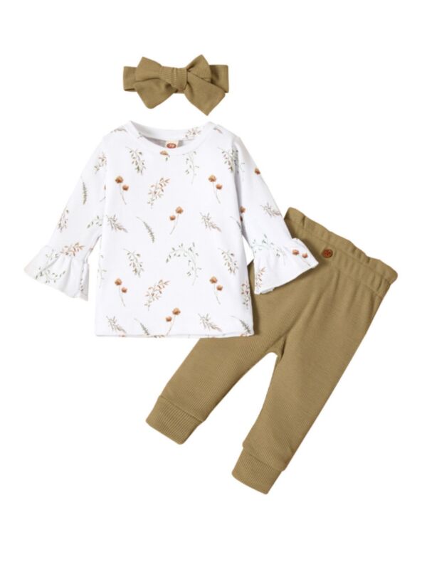 Three Pieces Flower Print Baby Girl Outfit Sets Flared Sleeve Top & Plain Trousers & Headband 210721123