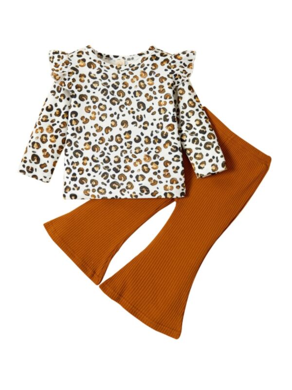Leopard Print Big Girl Clothes Wholesale Sets Ruffle Decor Top And Bell Bottom Pants 210721749