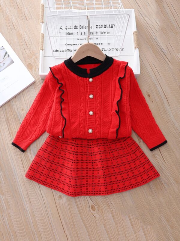  Two Pieces Knit Plaid Print Kid Girls Clothing Sets Ruffle Trim Cardigan And Skirt 210722535