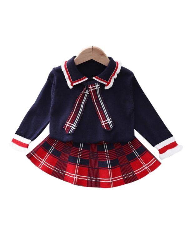 Two Pieces School Wear Checked Print Knit Kid Girls Outfits Sets Tie Sweater And Skirt 210722664