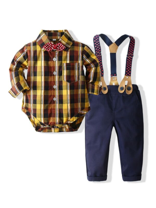Checked Boys Suit Sets Bowtie Shirt Bodysuit With Suspender Pants 210724051