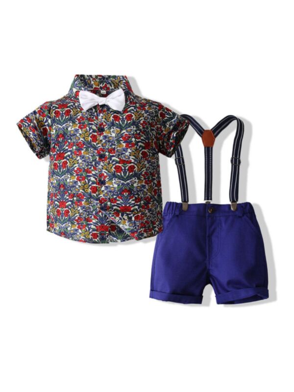 Boys Suit Sets Flower Print Bowtie Shirt With Suspender Shorts 210724339