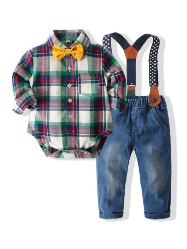 Checked Bowtie Shirt Bodysuit With Suspender Jeans Boys Suit Sets 210724691
