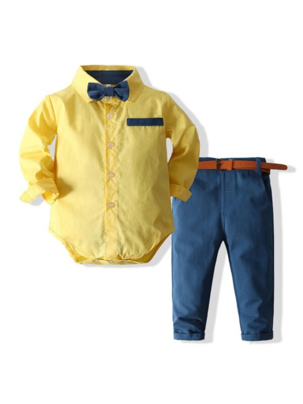 Plain Bowtie Shirt Bodysuit With Pants Boys Suit Sets 210724711