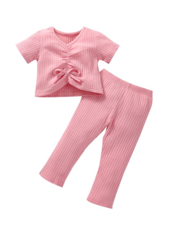 Two Pieces Solid Color Ribbed Girls Sets Drawstring Top And Pants 21072528