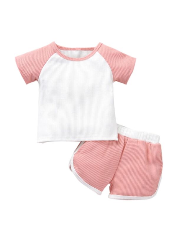 Two Pieces Ribbed Baby Girl Clothes Set Raglan Sleeve Top With Shorts 21072529
