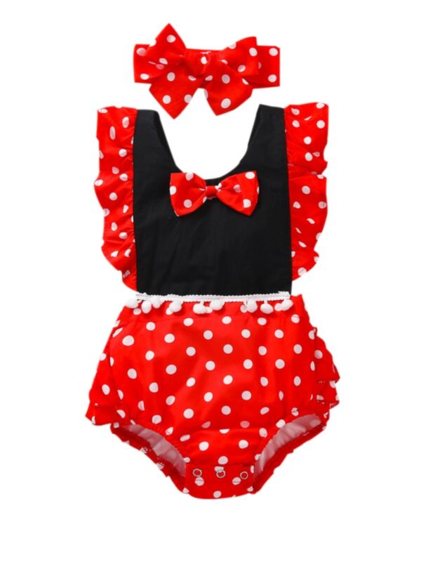 Two Pieces Polka Dots Bow Flutter Sleeve Baby Girl Bodysuit And Headband 21072531