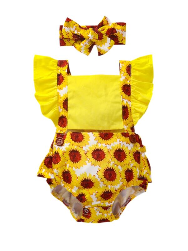 Two Pieces Sunflower Print  Flutter Sleeve Baby Girl Bodysuit And Headband 21072532