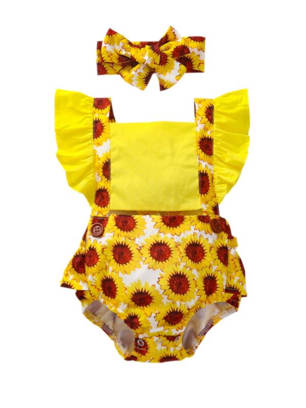 Two Pieces Sunflower Print Flutter Sleeve Baby Girl Bodysuit And Headband 21072532