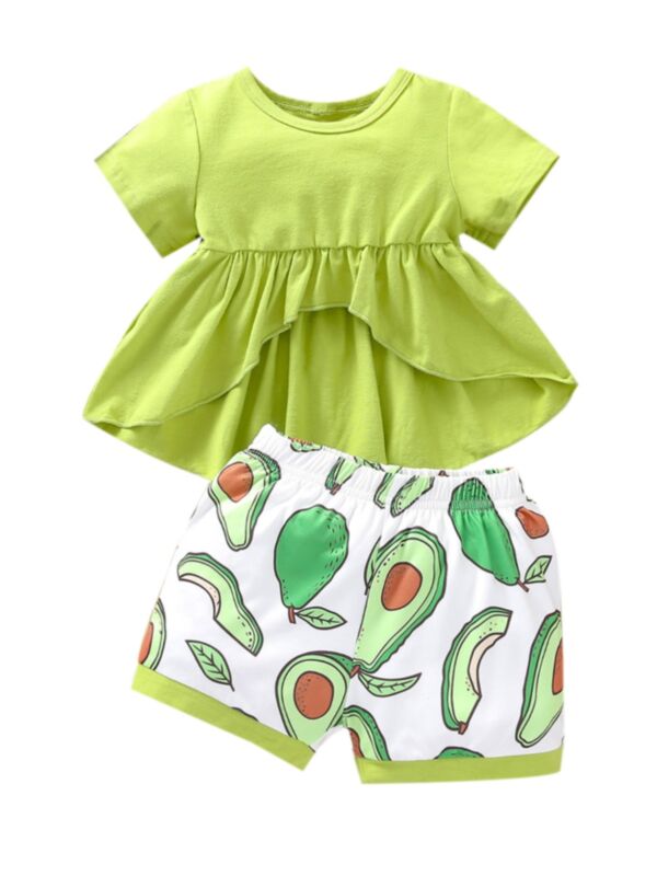 Two Pieces Girls Sets High Low Hem Top And Fruit Print Shorts 21072536