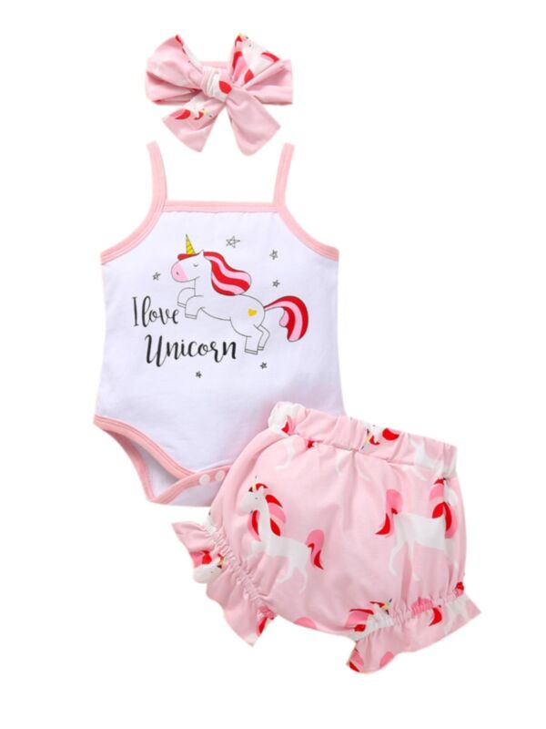 Three Pieces Unicorn Print Baby Girl Outfit Sets Cami Bodysuit & Shorts & Headband 21072540