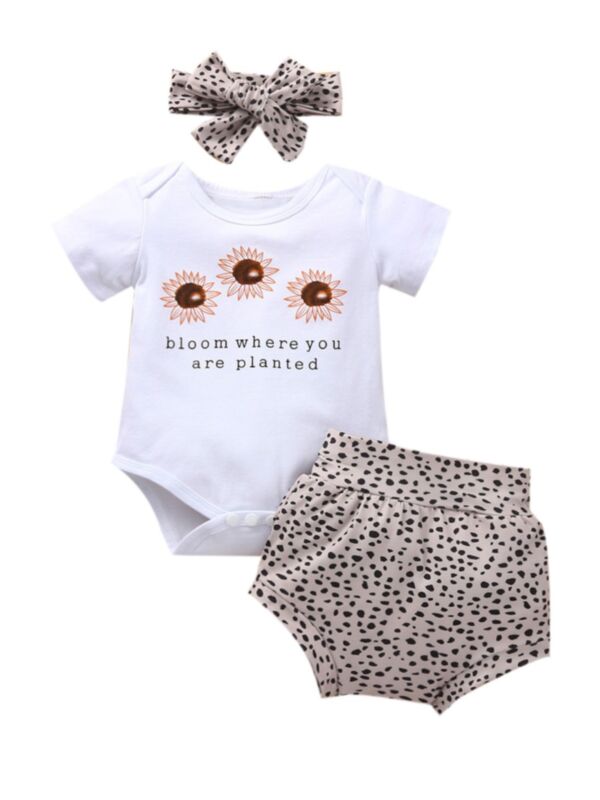 Three Pieces Bloom Where Youre Planted Flower Leopard Print Baby Girl Clothing Sets Bodysuit Shorts Headband-18-24months 21072548