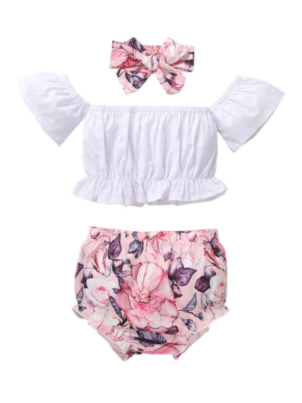Three Pieces Flower Printed Baby Girl Clothing Sets Off Shoulder Top Shorts Headband 21072554
