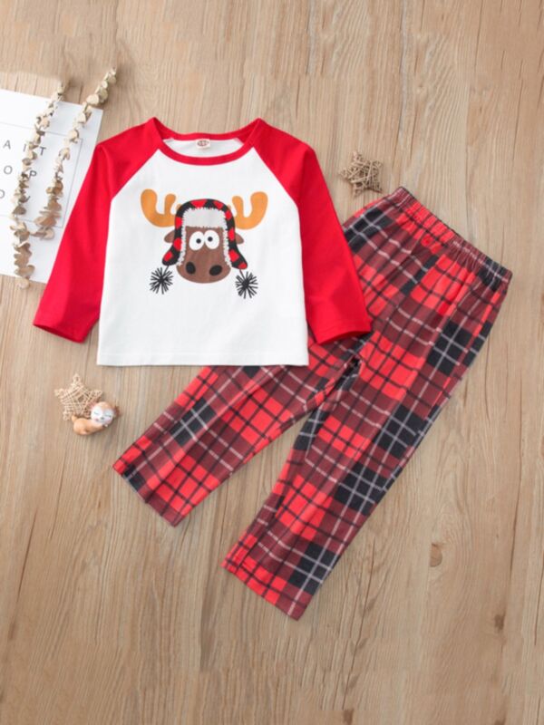 Two Pieces Christmas Elk Print Kid Pajama Sets Top And Checked Pants 210727200