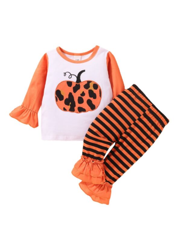 2 Pieces Halloween Girls Clothing Sets Flared Sleeves Pumpkin Top And Striped Bell Bottom Pants 210727911