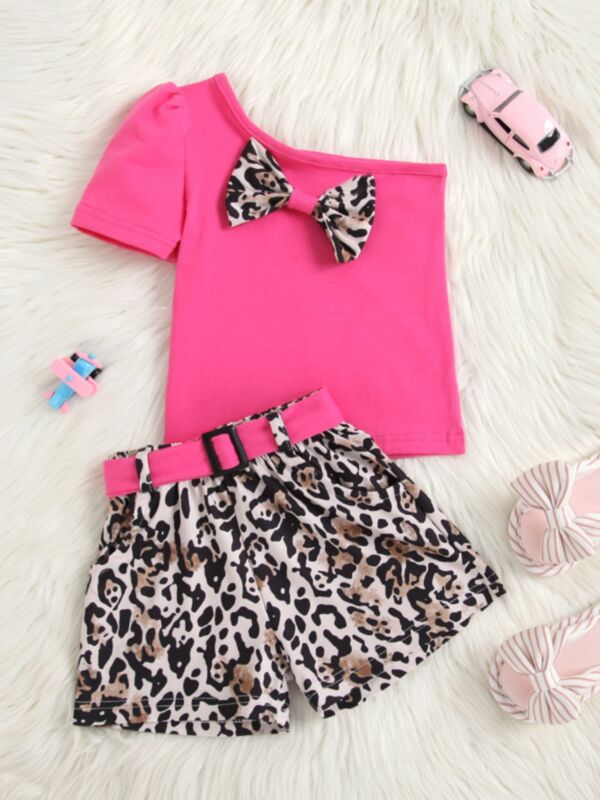 Two Pieces Leopard Print Kid Girls Clothing Sets Bow One Shoulder Top And Shorts With Belt 210728002