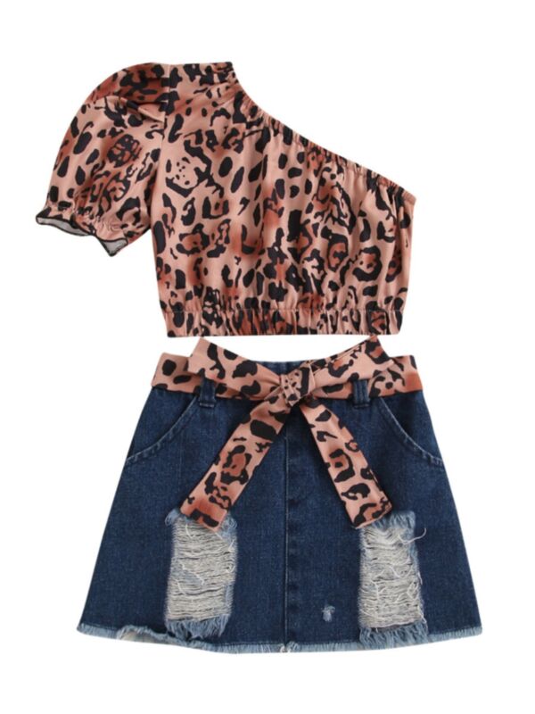 Two Pieces Leopard Print Kid Girls Outfits Sets One Shoulder Top Ripped Denim Shorts With Belt 210728532