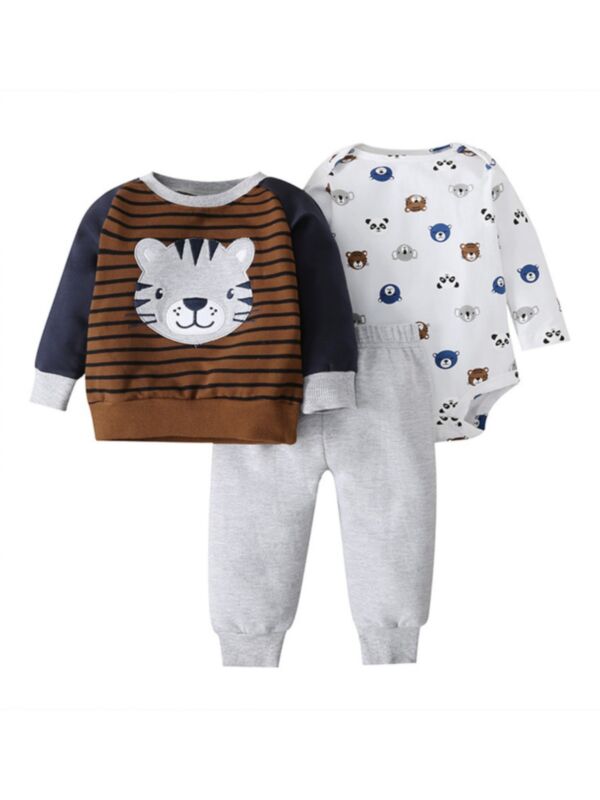 Three Pieces Cartoon Striped Print Baby Clothes Set Bodysuit Top Trousers 210729149
