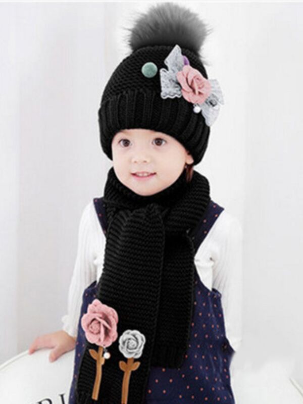 Kid Flower Decor Knitted Hat With Scarf 210729546
