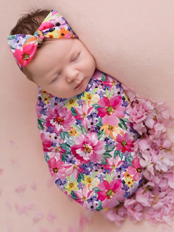  Flower Print Newborn Blanket With Headband 210730212