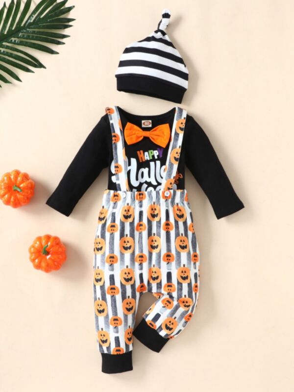 3 Pieces Happy Halloween Striped Print Baby Clothes Set Bow Bodysuit And Pumpkin Suspender Pants And Hat 210730285