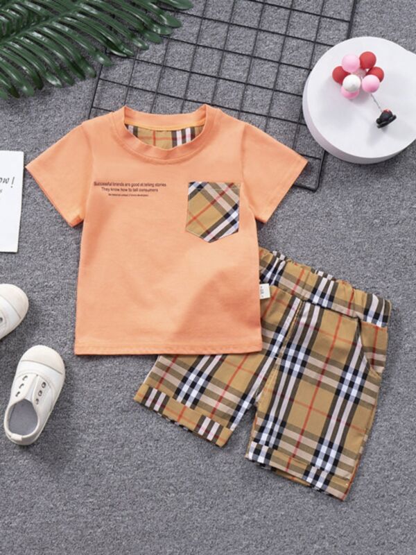 Two Pieces Checkes Print Kid Boys Clothing Sets Pocket Decor T-shirt And Shorts 210730508