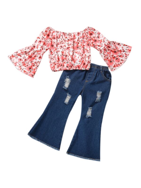 Two Pieces Flower Print Kid Girls Clothing Sets Flared Sleeve Top And Ripped Bell Bottom Jeans 210730525