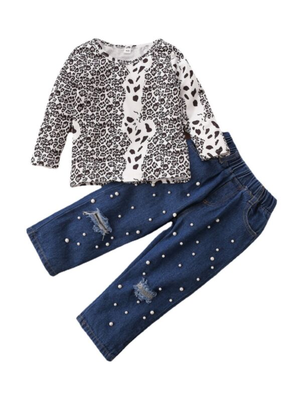 Two Pieces Leopard Printed Kid Girls Clothing Sets Top & Beaded Ripped Jeans 210730613