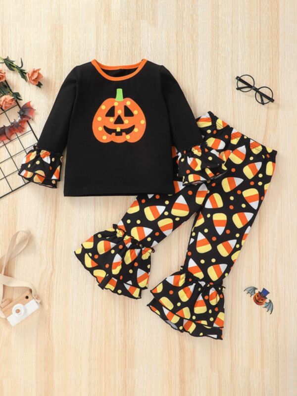 Two Pieces Pumpkin Striped Print Ruffle Hem Halloween Kid Girls Clothing Sets Top & Bell Bottom Pants 210730660
