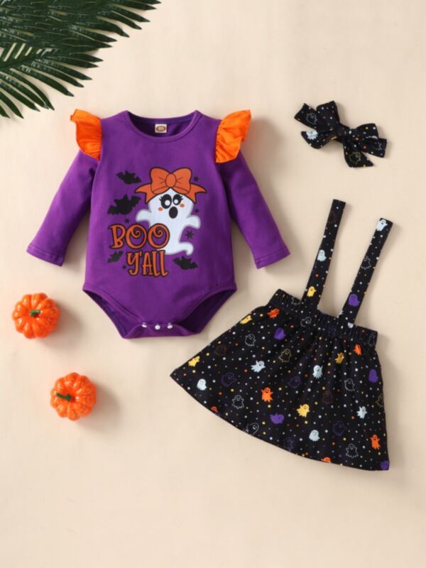 Three Pieces Halloween Letter Print Baby Girl Outfits Sets Flutter Sleeve Bodysuit & Suspender Skirt & Headband 210730784