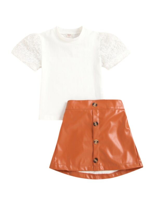 Two Pieces Solid Color Kid Girls Outfits Sets Feather Sleeve Top And Button PU Leather Skirt 210730999