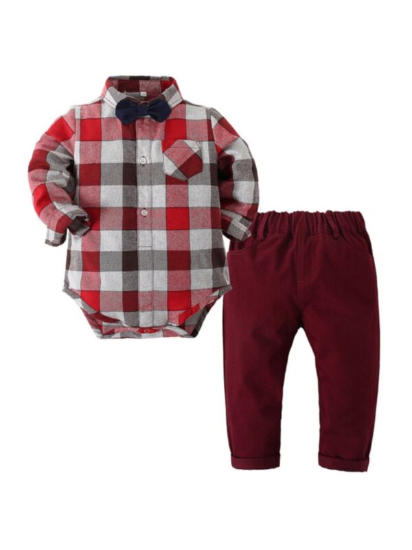 Checked Print Baby Boys Suit Sets Bowtie Shirt Bodysuit And Pants 210731062