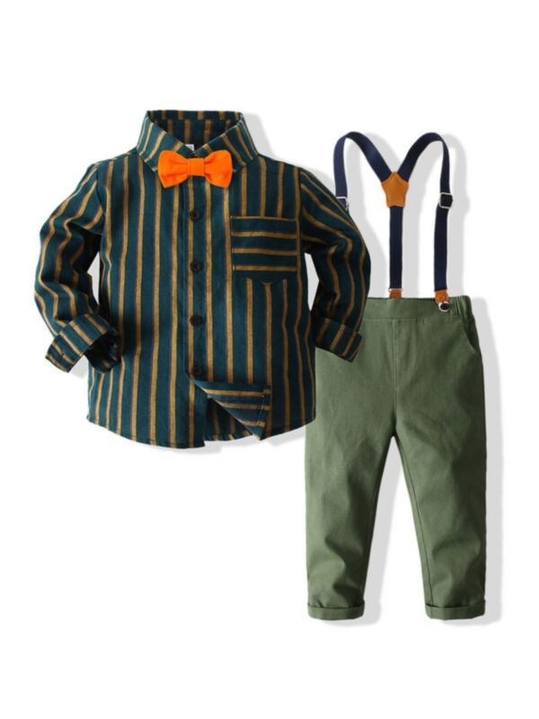 Striped Print Kid Boys Suit Sets Bowtie Shirt And Suspender Pants 210731082