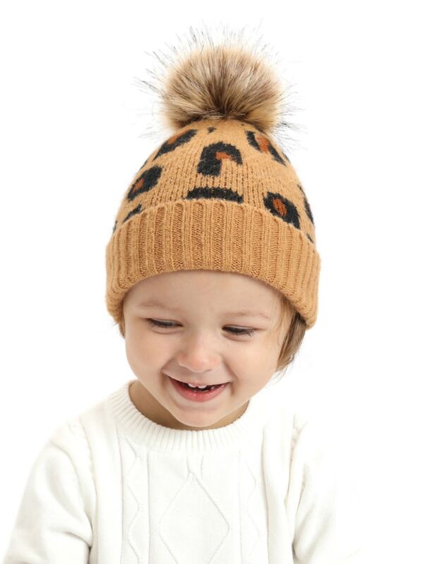 Kid Leopard Print Knit Hair Ball Wool Beanie 210731118