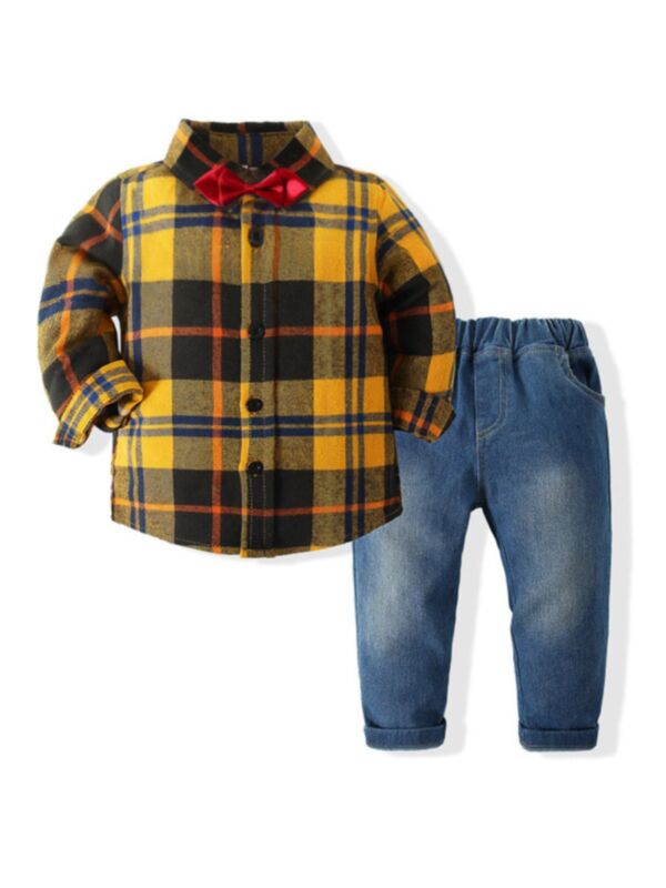 Kid Boys Suit Sets Checked Print Bowtie Shirt And Jeans 210731162