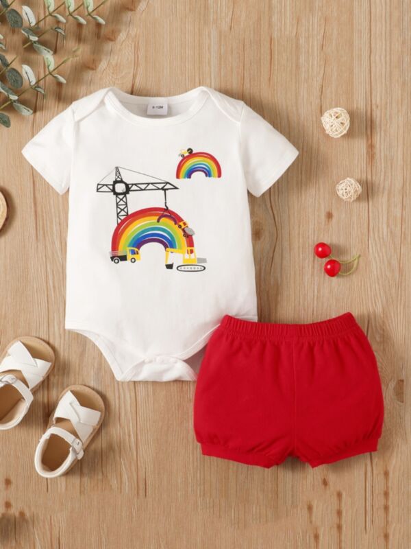 Two Pieces Rainbow Car Print Baby Girl Outfit Sets Onesies And Shorts 21080196