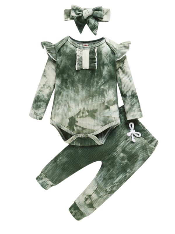 Two Pieces Tie Dye Baby Girl Clothing Sets Ruffle Trim Bodysuit Trousers Headband 21080197