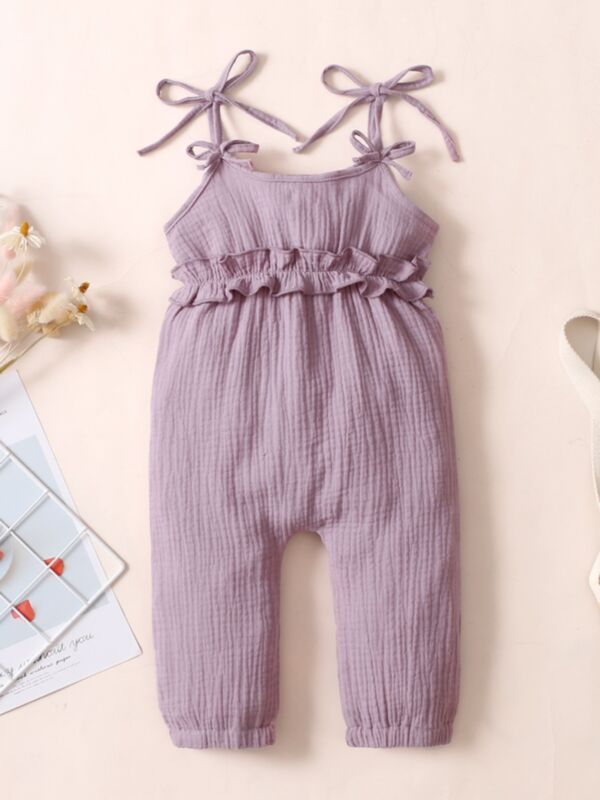 Baby Girl Solid Color Muslin Ruffle Trim Cami Romper 21080198