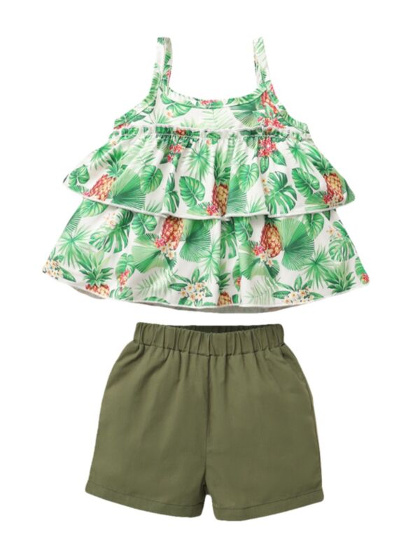 Two Pieces Pineapple Leaves Print Toddler Girls Sets Ruffle Trim Cami Top And Shorts 21080199