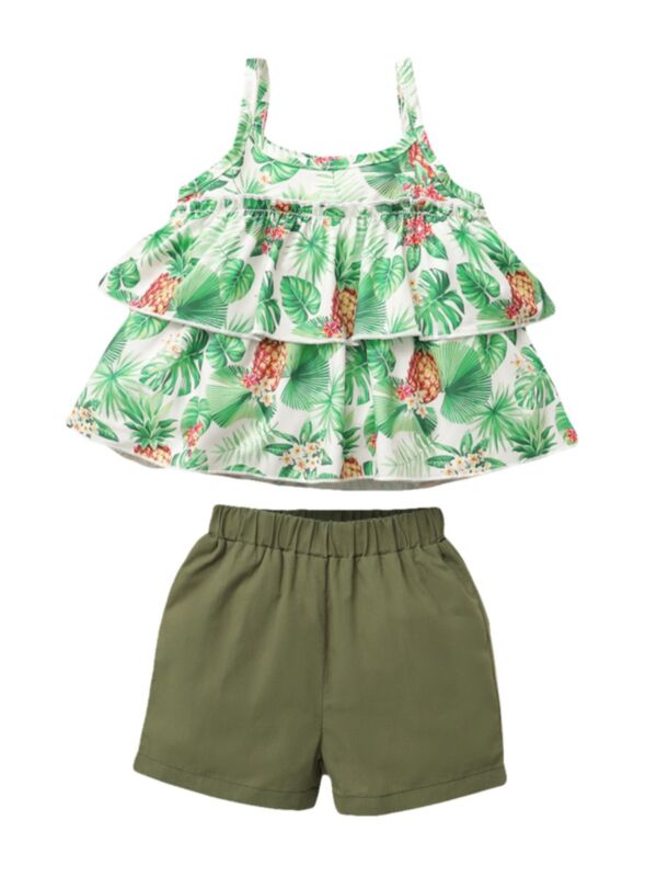 Two Pieces Pineapple Leaves Print Toddler Girls Sets Ruffle Trim Cami Top And Shorts 21080199