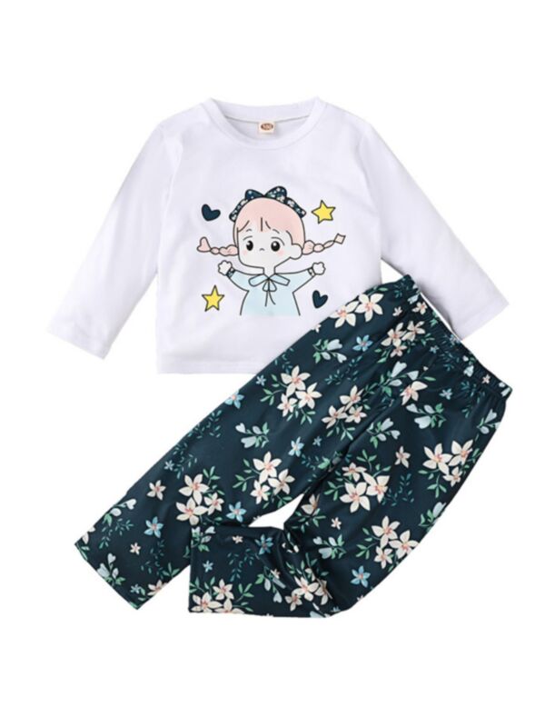 2 Pieces Girls Sets Figure Print Top With Floral Print Pants 210802326