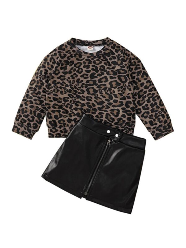 2 Pieces Girls Sets Leopard Print  Top With PU Skirt 210802860