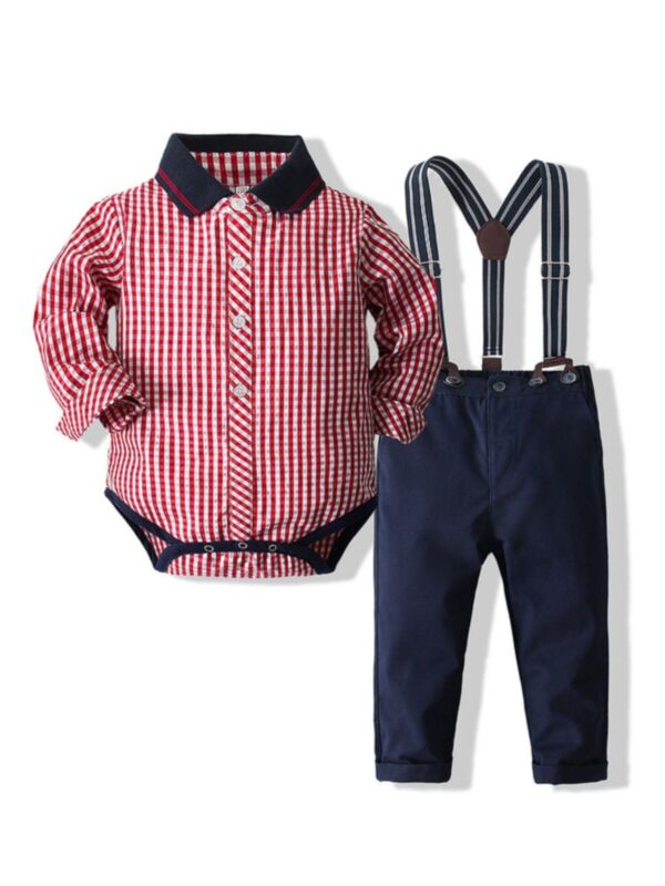 Plaid Print Boys Suit Sets Shirt Bodysuit And Suspender Pants 210803735