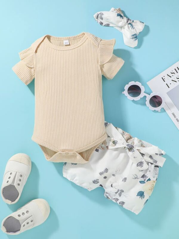 Two Pieces Newborn Flower Print Ribbed Bodysuit And Shorts New Born Baby Wholesale 210804045