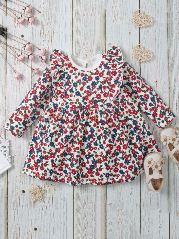 Floral Print Ruffle Trim Wholesale Little Girl Clothing Dress 210806087