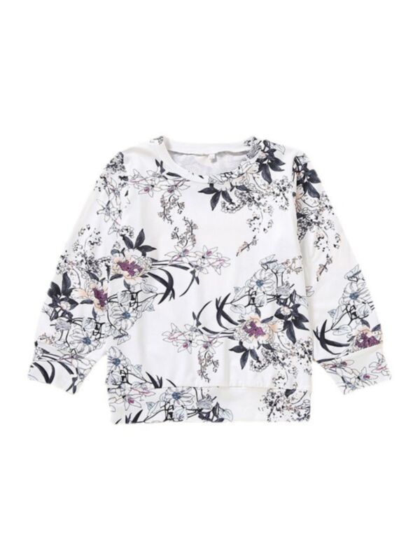 Crew Neck Flower Print Kid Girl Top 210806236