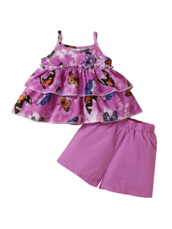 Two Pieces Butterfly Print Toddler Girls Sets Ruffle Trim Cami Top And Shorts 21080801