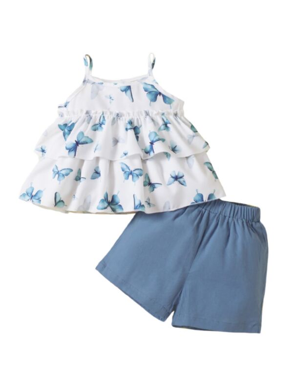 Two Pieces Butterfly Print Toddler Girl Outfit Sets Layered Ruffle Cami Top And Shorts 21080802